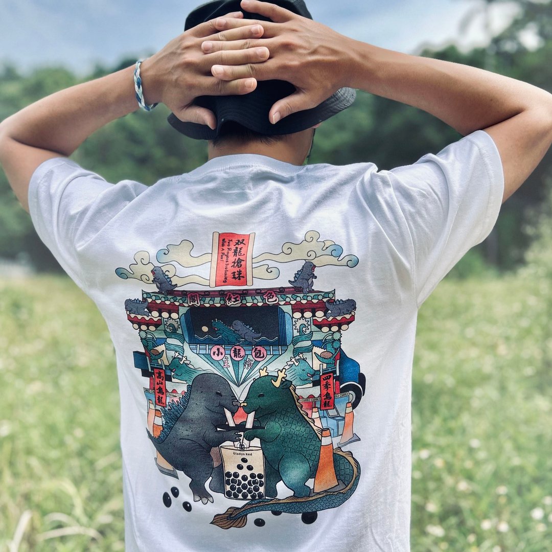 【小龙包 一 双龙抢珠】厚磅短袖T-shirt - 男装上衣/T 恤 - 棉 白色