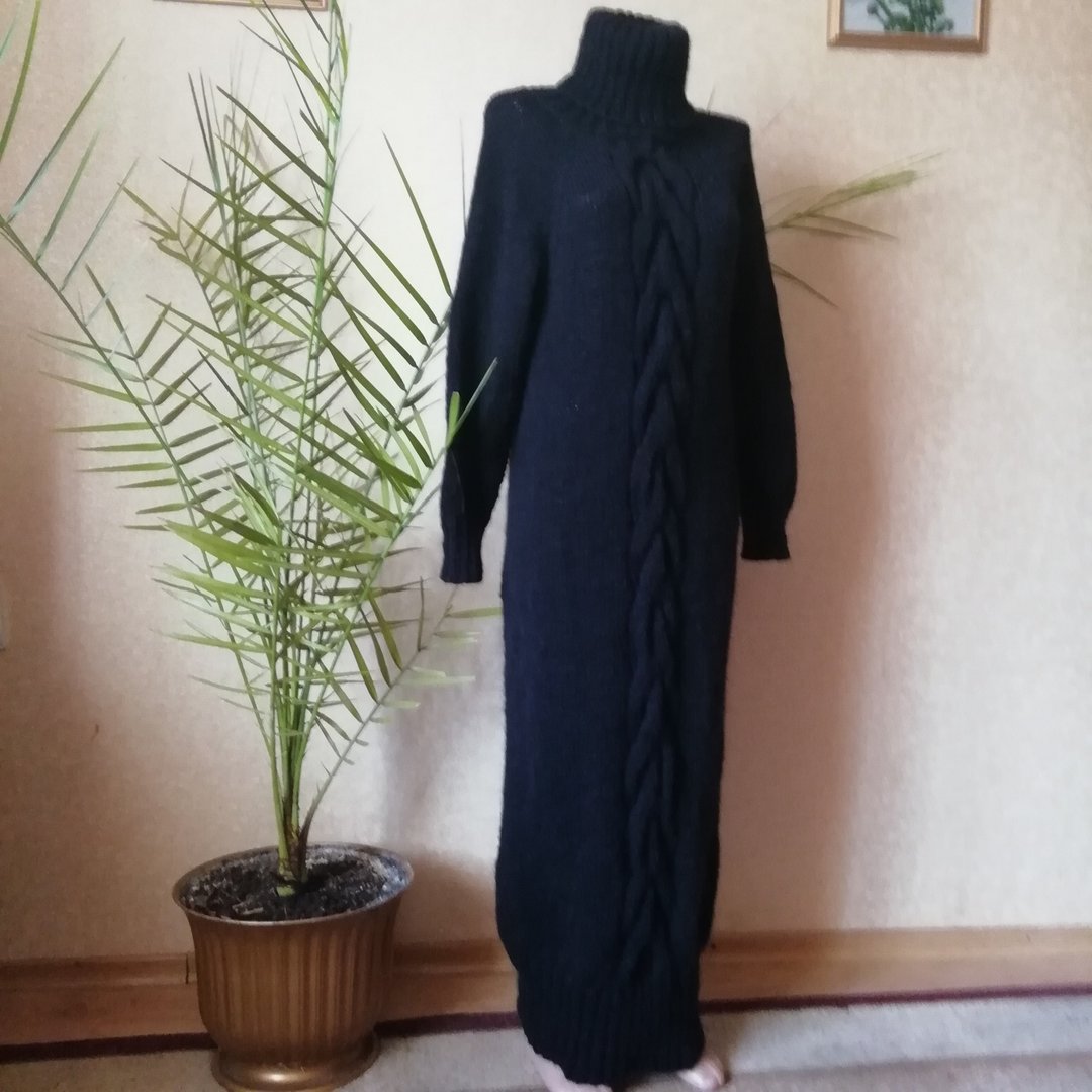 女款蓝色保暖针织加长连衣裙 宽松高领毛衣 - 其他 - 羊毛 黑色
