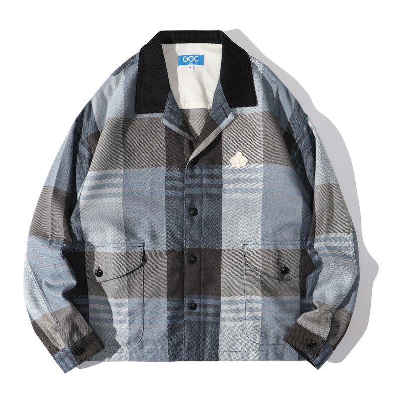 GOC Studio - 羊毛格纹猎装口袋配灯芯绒领 外套夹克 - 男装外套 - 棉．麻 蓝色