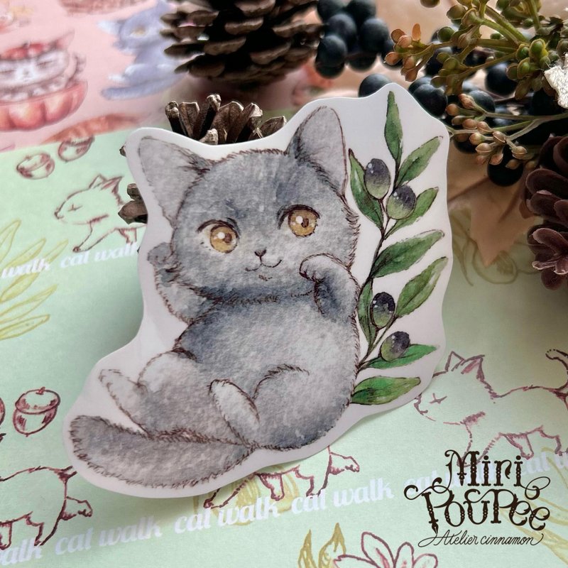 贴纸　猫和橄榄 - 贴纸 - 防水材质 蓝色