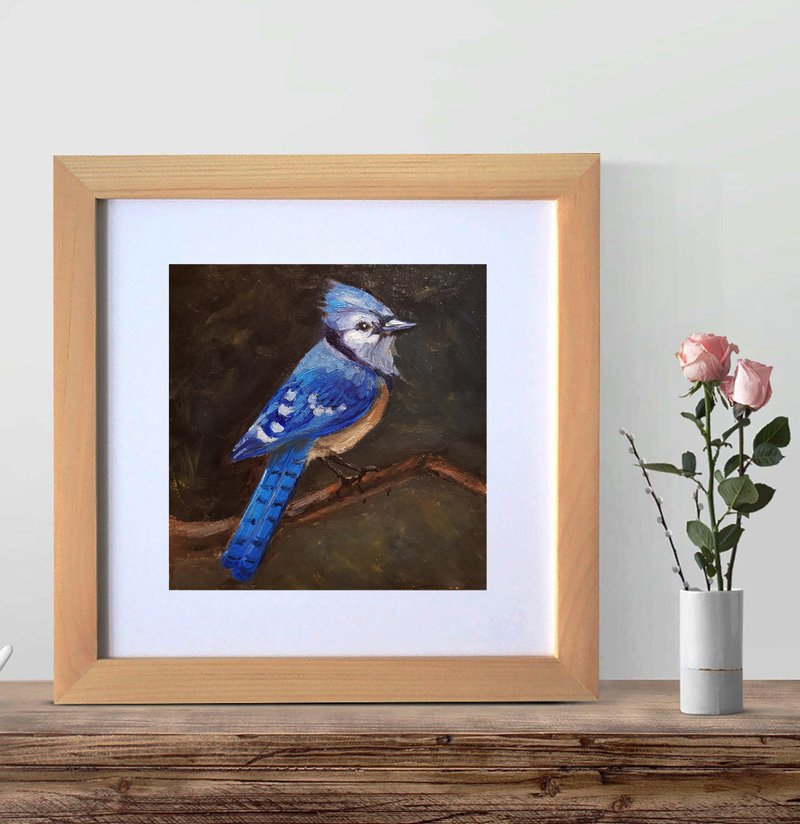 Blue Jay Painting Bird Original Art Animal Oil Painting Woodland Animal 6 by 6 - 墙贴/壁贴 - 其他材质 蓝色