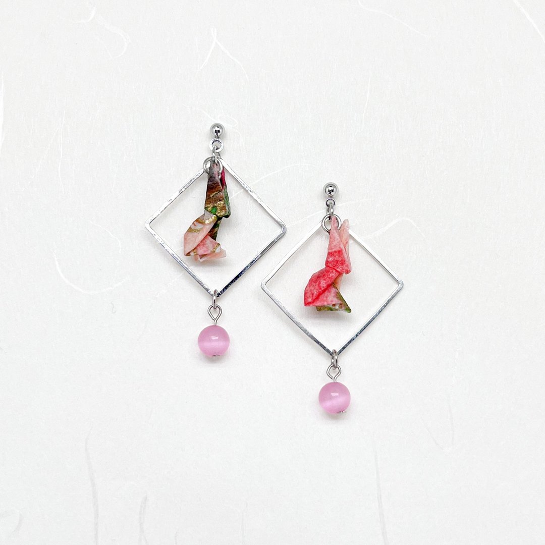 Chearrings | Origami 日本和纸 手工折纸 小兔耳环 | 款式 R002 - 耳环/耳夹 - 纸 粉红色