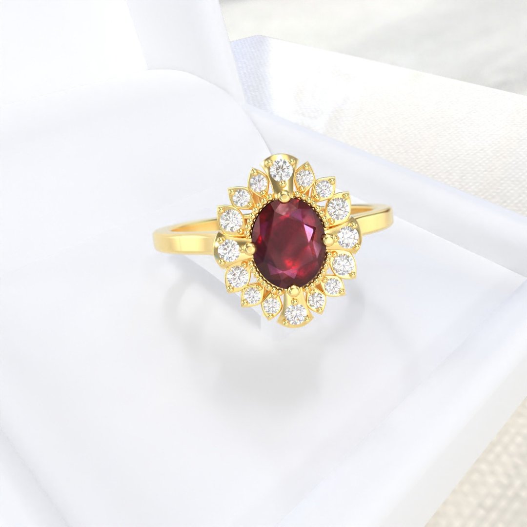 Vintage ring,Ruby ring 9K Gold, Thai ruby gemstones ring with white zircon, gift - 戒指 - 宝石 咖啡色