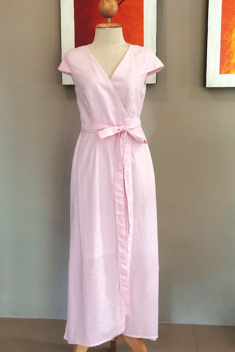 Isabella Linen Dress | Summer Dress | Wrap dress | Pink - 洋装/连衣裙 - 亚麻 粉红色