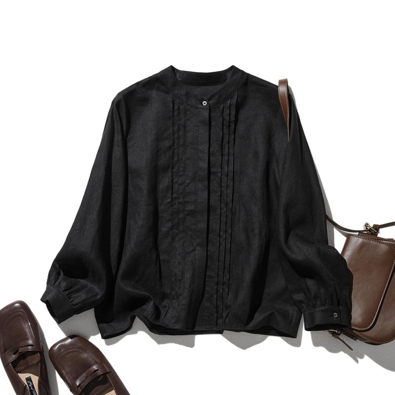 自然风格亚麻衬衫 透气舒适 简约设计 轻便休闲 黑色  250412-5 - 女装衬衫 - 棉．麻 