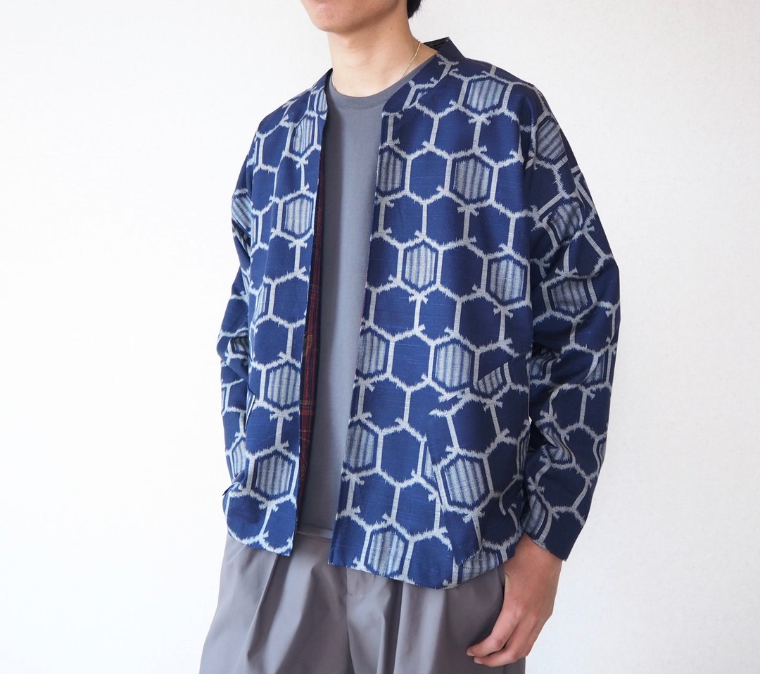 【日本制】长袖夹克男式和服升级服装吉祥图案 - 男装外套 - 丝．绢 蓝色