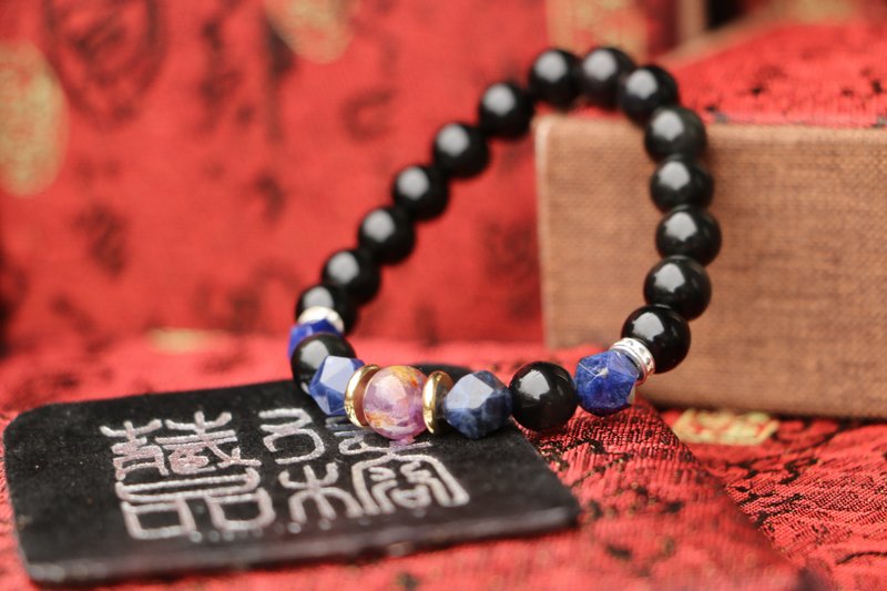 原矿天然黑曜石手珠 8mm 蓝纹石 紫幽灵隔珠 定制化串珠设计 手链 - 手链/手环 - 宝石 