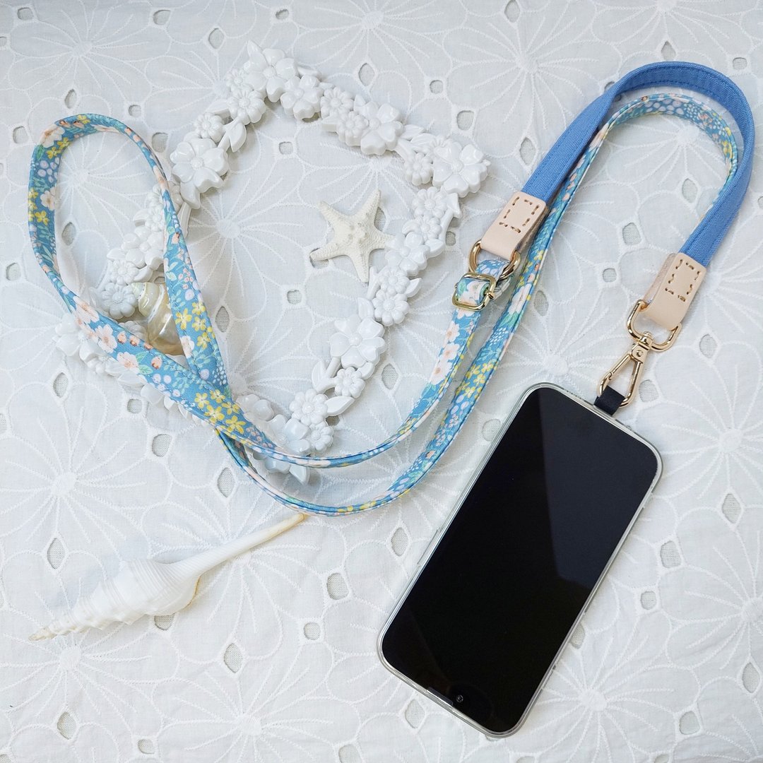 三合一多功能水蓝色花花韩国棉布手机斜背绳/斜背带/背绳/ - 挂绳/吊绳 - 棉 蓝色