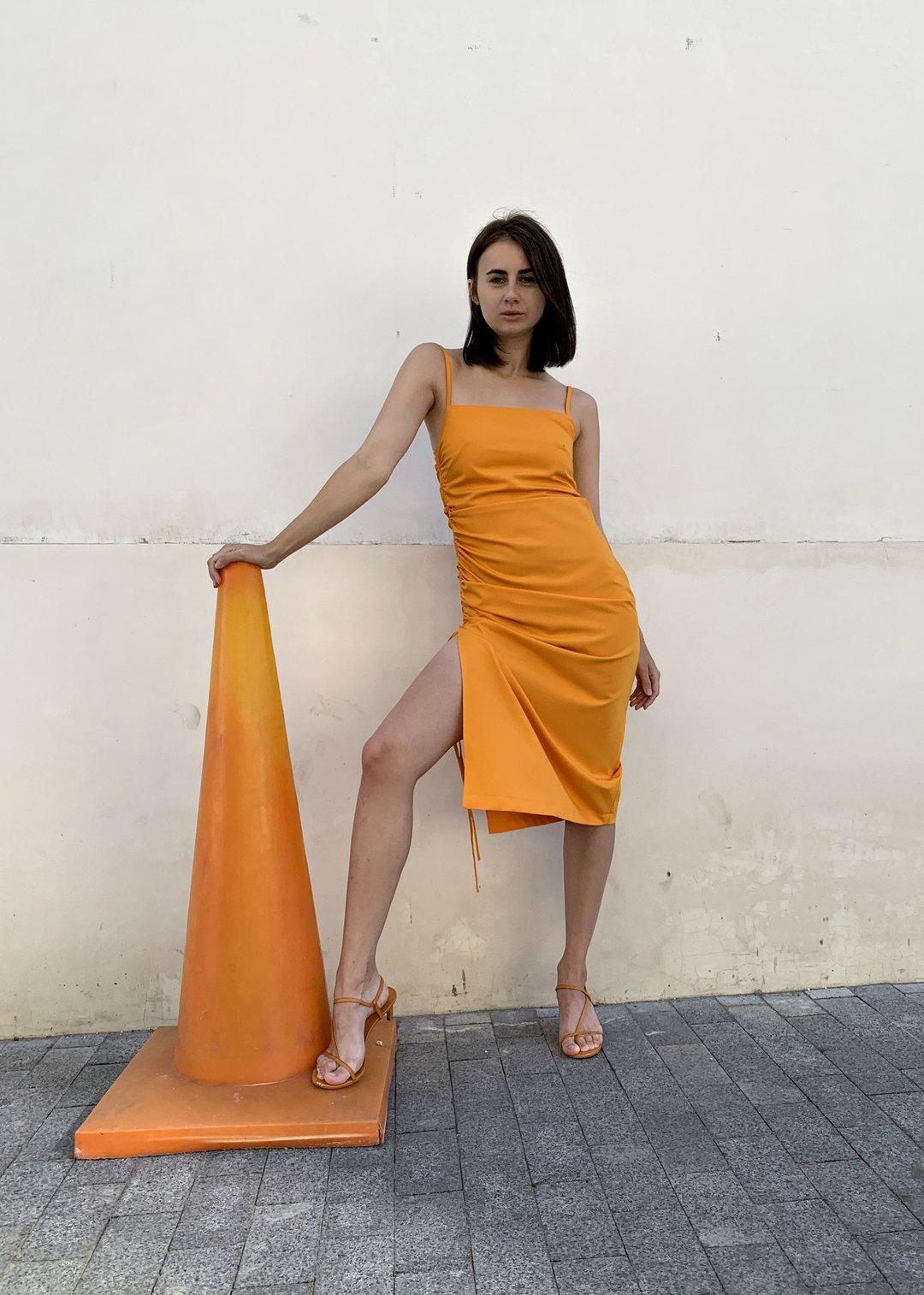 Yellow dress with straps, Orange Dresses, Draped Drawstring Dress, Midi Dress - 洋装/连衣裙 - 其他材质 橘色