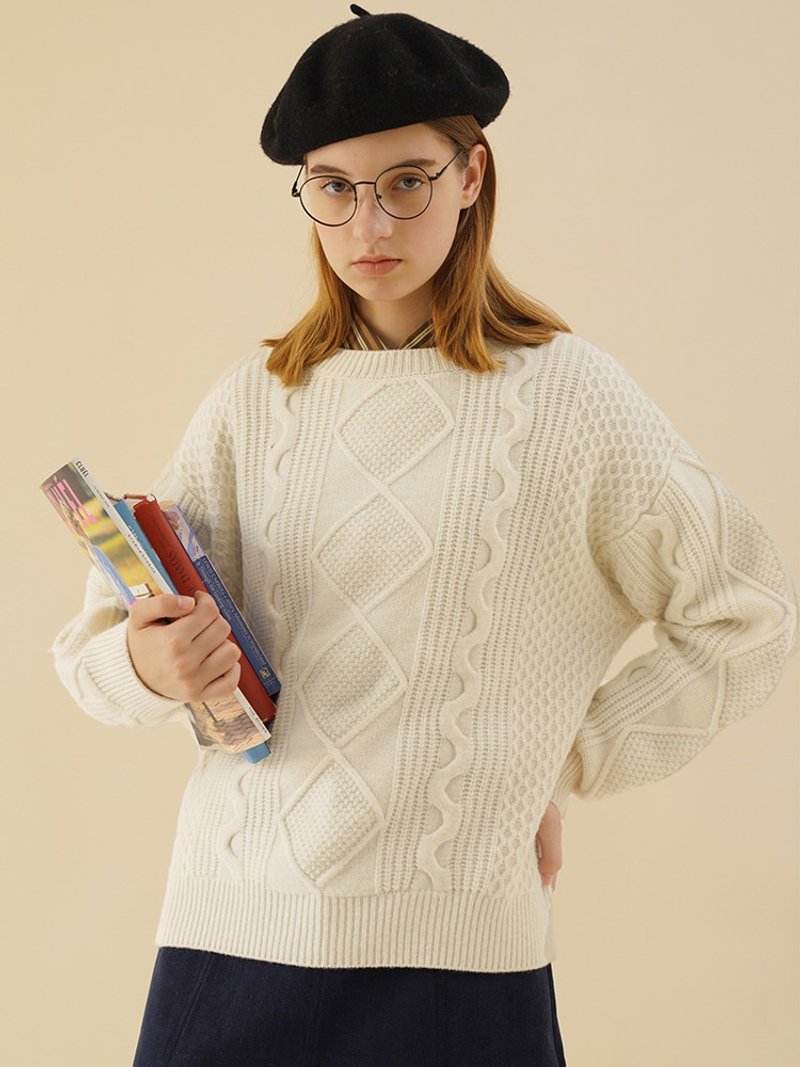 ECRU SOLI 素白已然 冬 英伦复古软糯全羊毛宽松圆领奶白渔夫毛衣 - 女装针织衫/毛衣 - 羊毛 白色