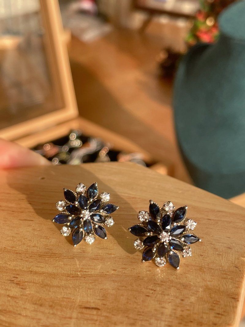 S925纯银蓝宝石耳环 - 耳环/耳夹 - 纯银 蓝色