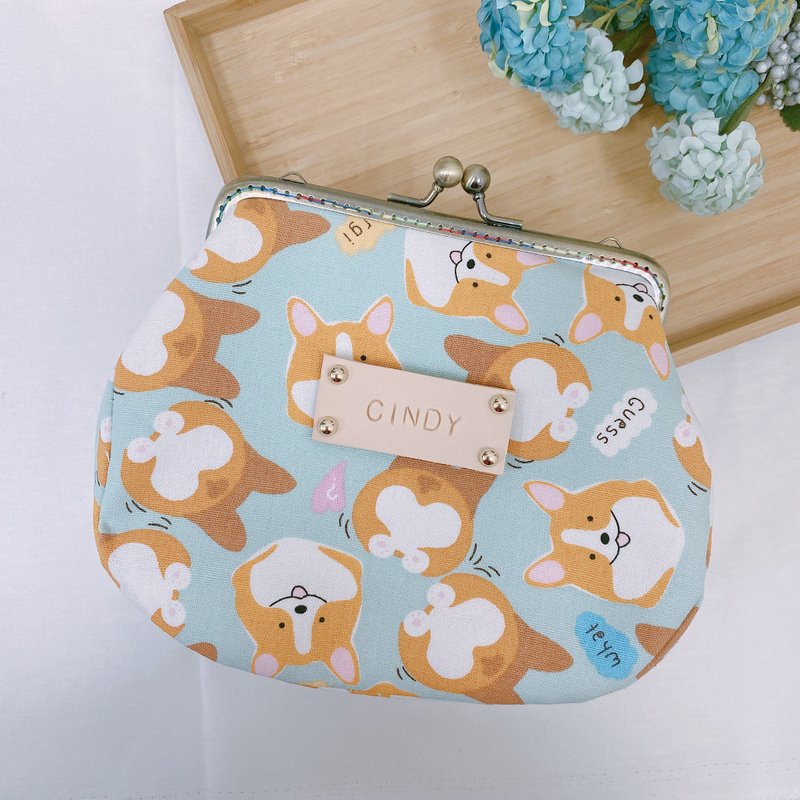 柴犬屁屁遇上口金包肩背/侧背/相机包/化妆包/杂物包/大容量 - 化妆包/杂物包 - 棉．麻 蓝色