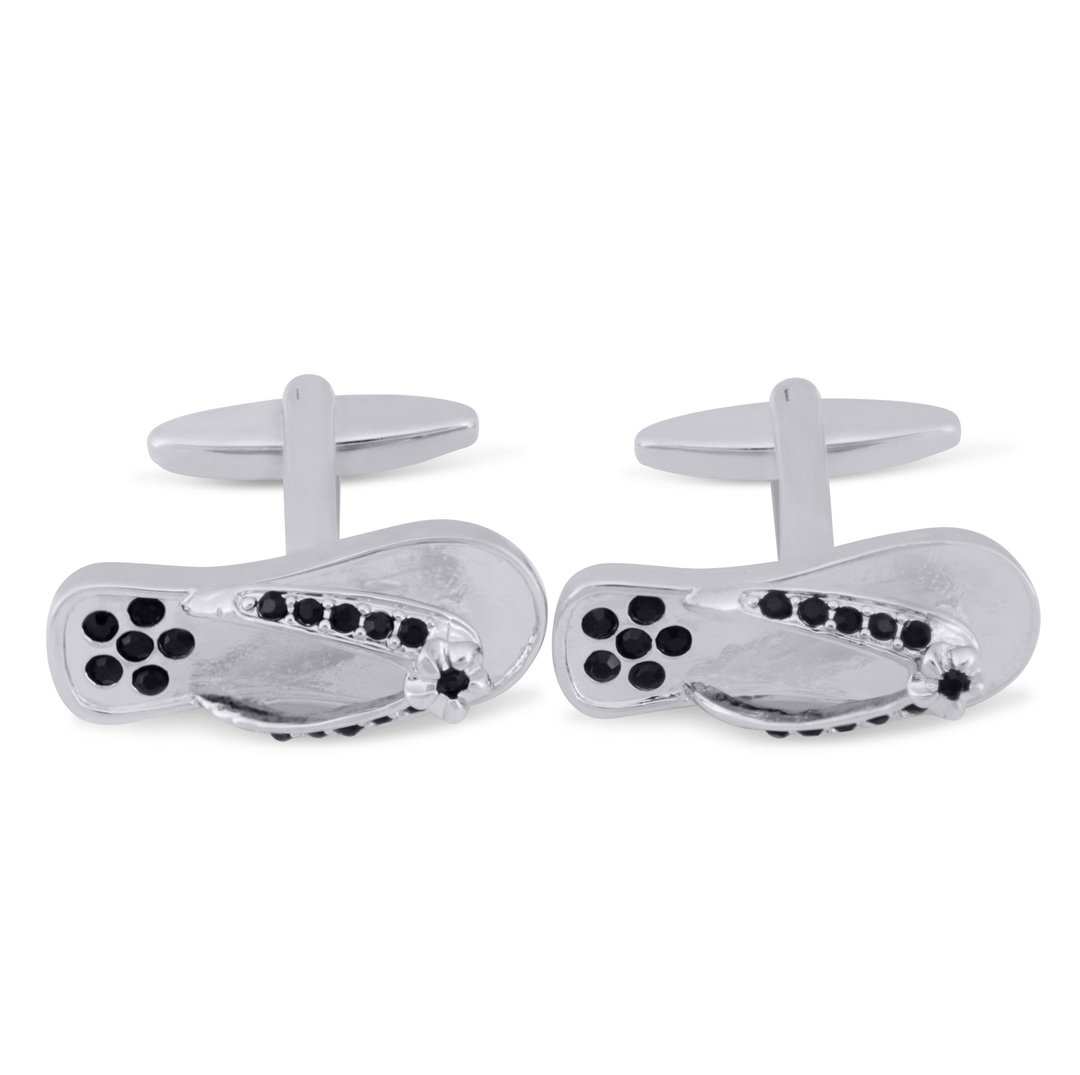 Slipper with Black Crystal Details Cufflinks, Beach Sandals Cufflinks - 袖扣 - 其他材质 银色
