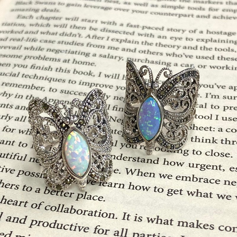 Art Deco Style Butterfly Ring with Gilson Opal and Marcasite 925 Sterling Silver - 戒指 - 纯银 银色