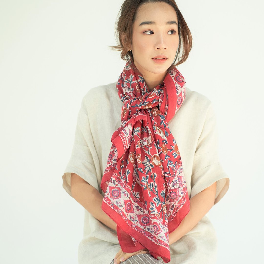 Indian Cotton Scarf Indian Cotton Shawl - Orange Coral 003 - 丝巾 - 棉．麻 橘色