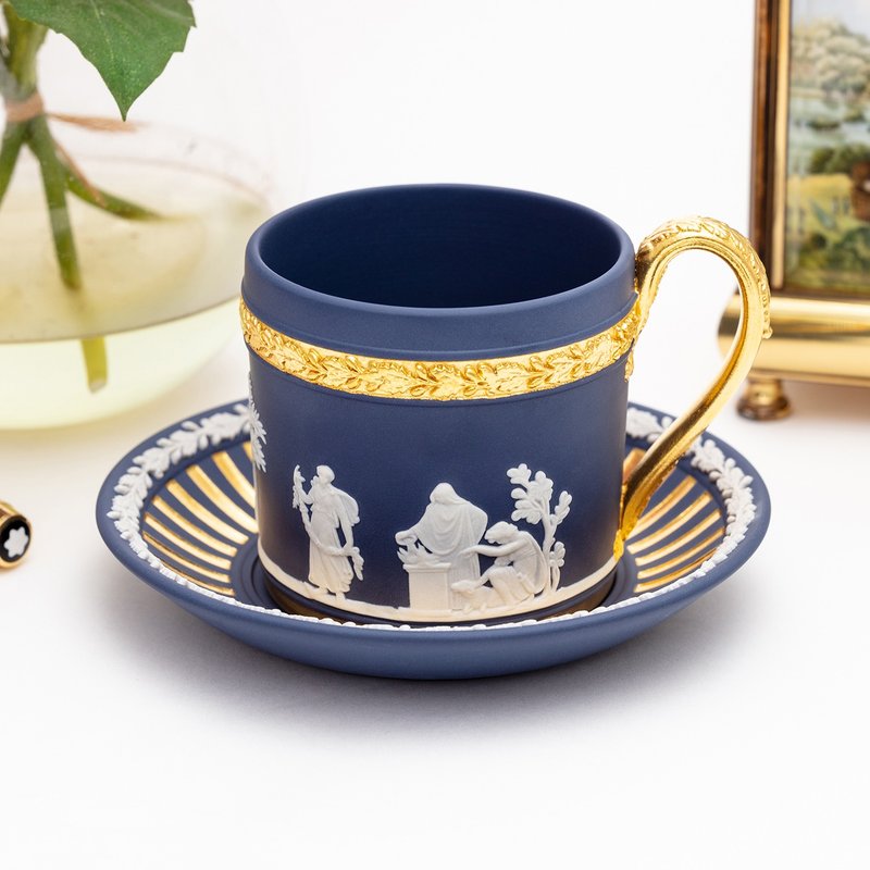英国制Wedgwood稀有波特蓝镶金咖啡杯盘 红茶杯组 浮雕璧玉收藏杯 - 咖啡杯/马克杯 - 瓷 