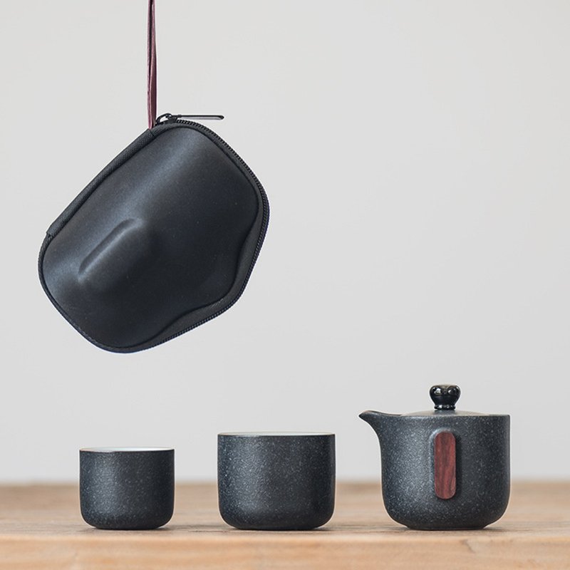 闻说 都君乌金釉粗陶一壶两杯快客杯 日式陶瓷便携式功夫茶具套装 - 茶具/茶杯 - 陶 
