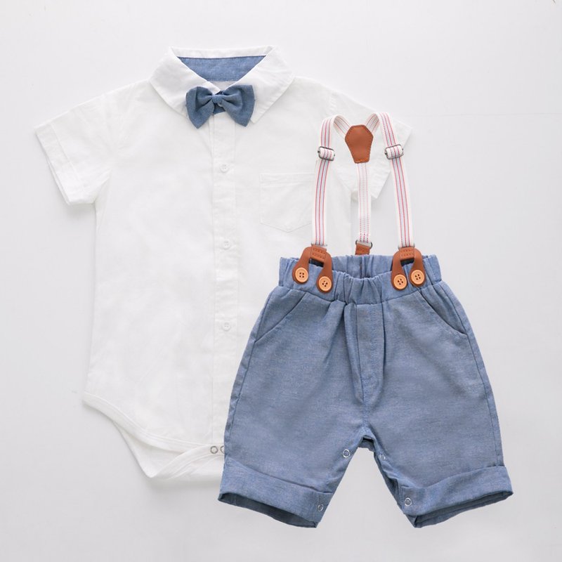 Louis系列白衬衫包屁衣蓝短裤组 - 童装礼服/连衣裙 - 棉．麻 蓝色