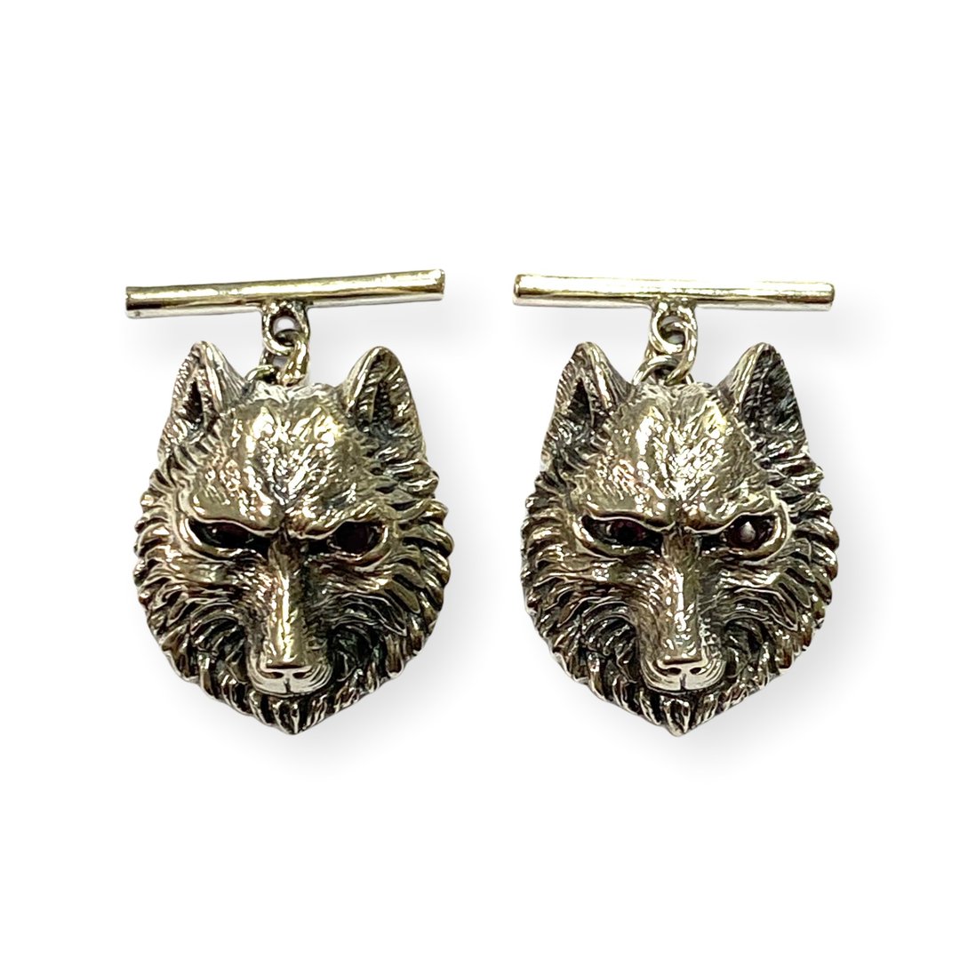 Victorian Style Wolf Head with Ruby Eyes Cufflinks 925 Sterling Silver Mens Gift - 袖扣 - 纯银 银色