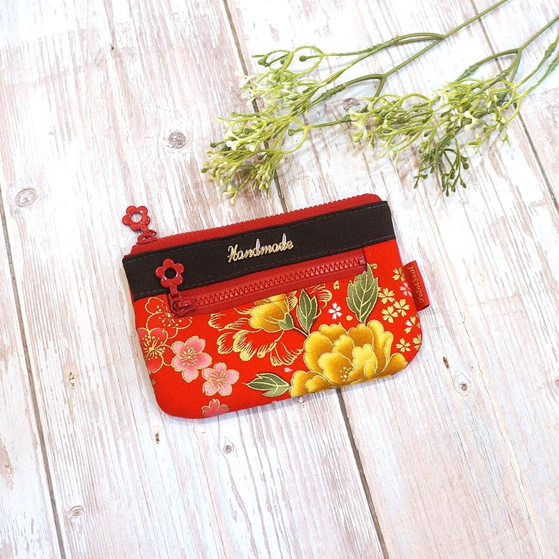 双层收纳零钱包(5吋)_古典烫金牡丹花 - 零钱包 - 棉．麻 红色
