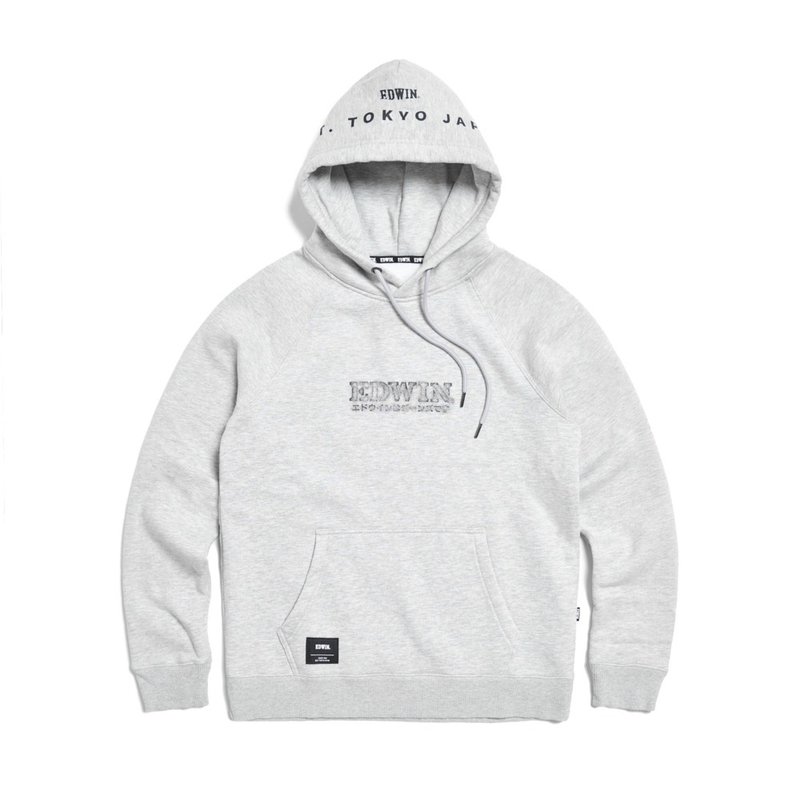 EDWIN 银箔印花长袖连帽T恤-男款 (银灰色) - 中性连帽卫衣/T 恤 - 棉．麻 灰色