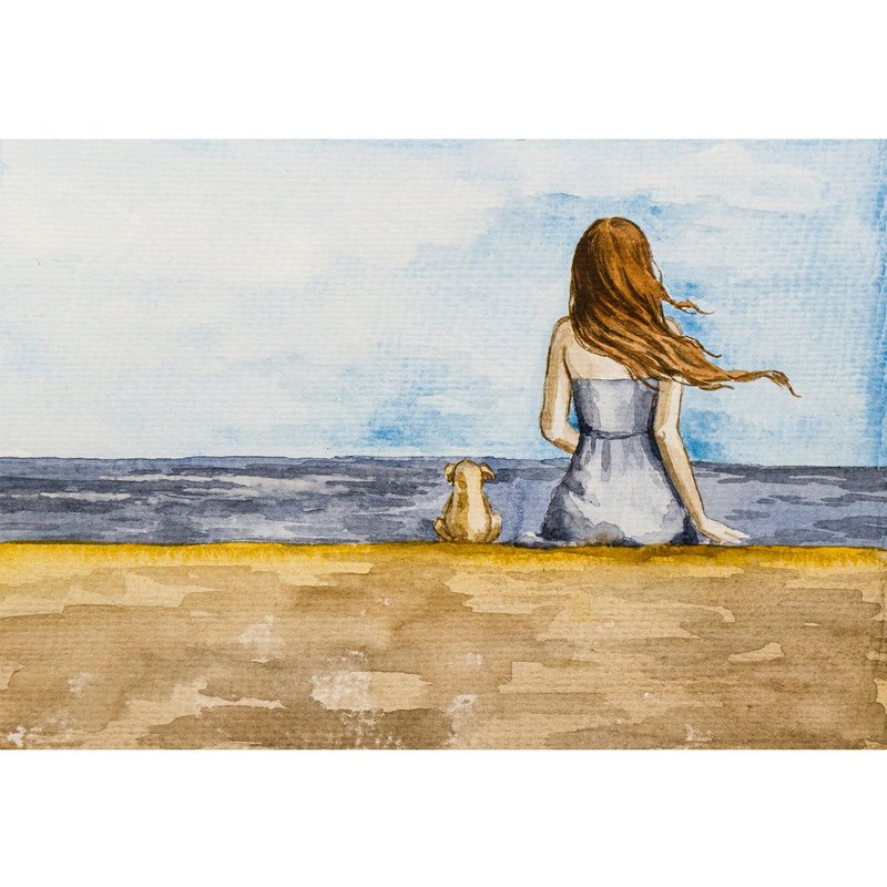 女人画 / 狗画 / 海滩画 / 海景风景画 / 海景画 / 水彩画 / 原画 - 海报/装饰画/版画 - 纸 蓝色