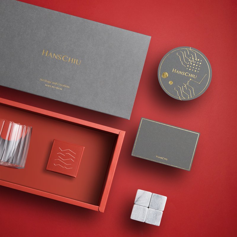 【结婚礼物】品酒独享礼盒/ 手工玻璃酒杯&大理石冰砖 转出好运 - 酒杯/酒器 - 玻璃 红色