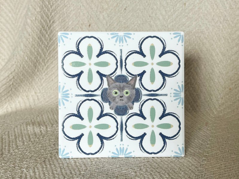 花砖躲猫猫杯垫 俄罗斯蓝猫 | 婚礼小物 陶瓷 立体花纹 - 杯垫 - 陶 多色