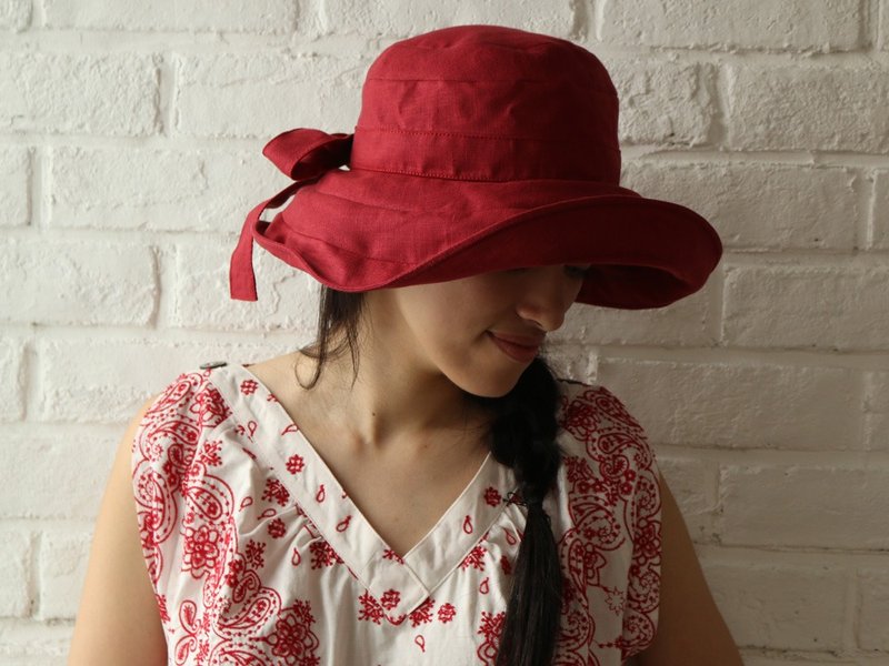 Red Linen Wide Brimmed Hat - 帽子 - 棉 红色