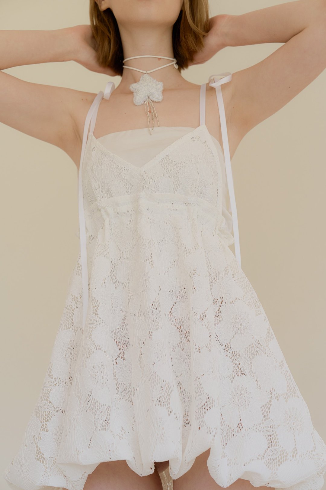 poppy tie strap dress 罂粟花苞绑带洋装 white lace 白蕾丝 - 洋装/连衣裙 - 聚酯纤维 白色