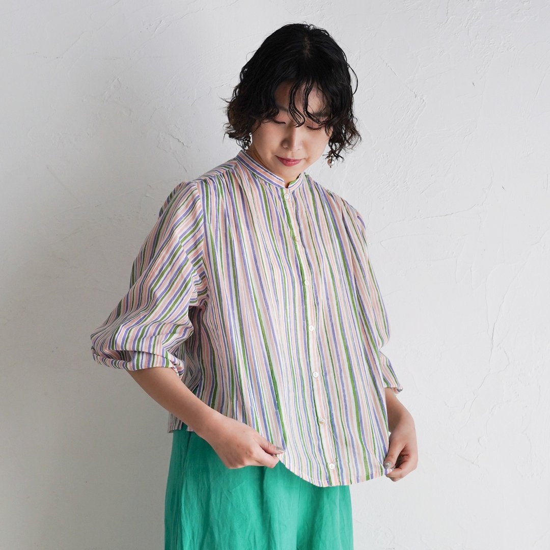 莫代尔棉（モスリン）手工织布（カディ）毛料领（マオカラー）罩衫 / 条纹粉色 - 女装衬衫 - 棉 粉红色