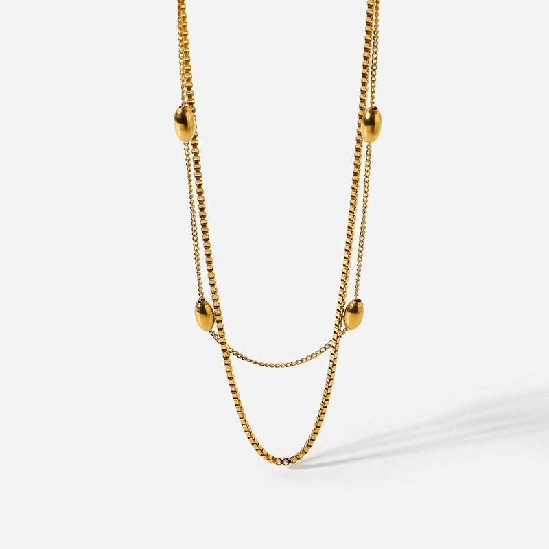 新品! ANJI 18K 镀金 椭圆双层链 女 吊坠 项链 - 项链 - 不锈钢 黄色