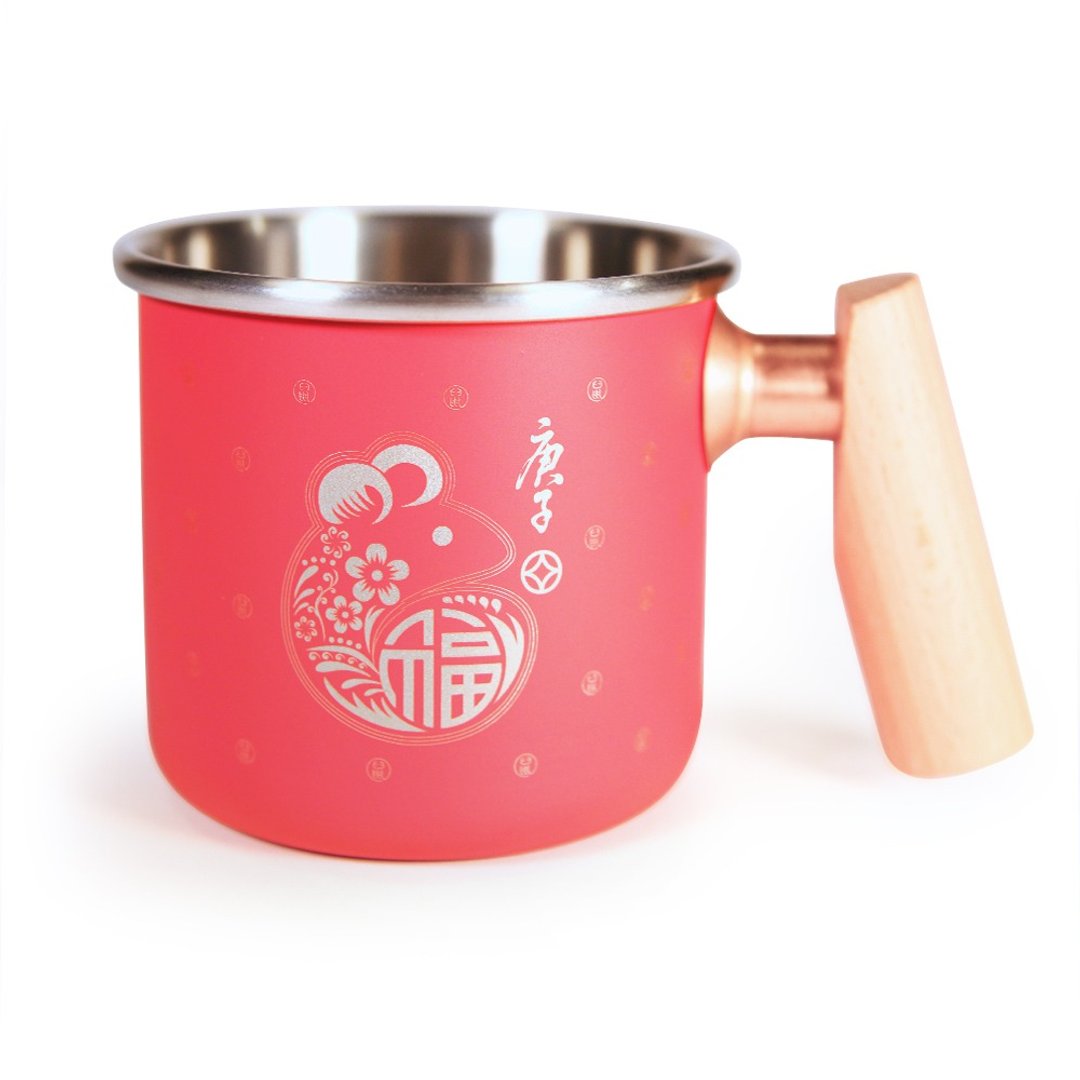 【定制化礼物】木柄 白铁杯 400ml(庚子鼠) - 咖啡杯/马克杯 - 不锈钢 红色