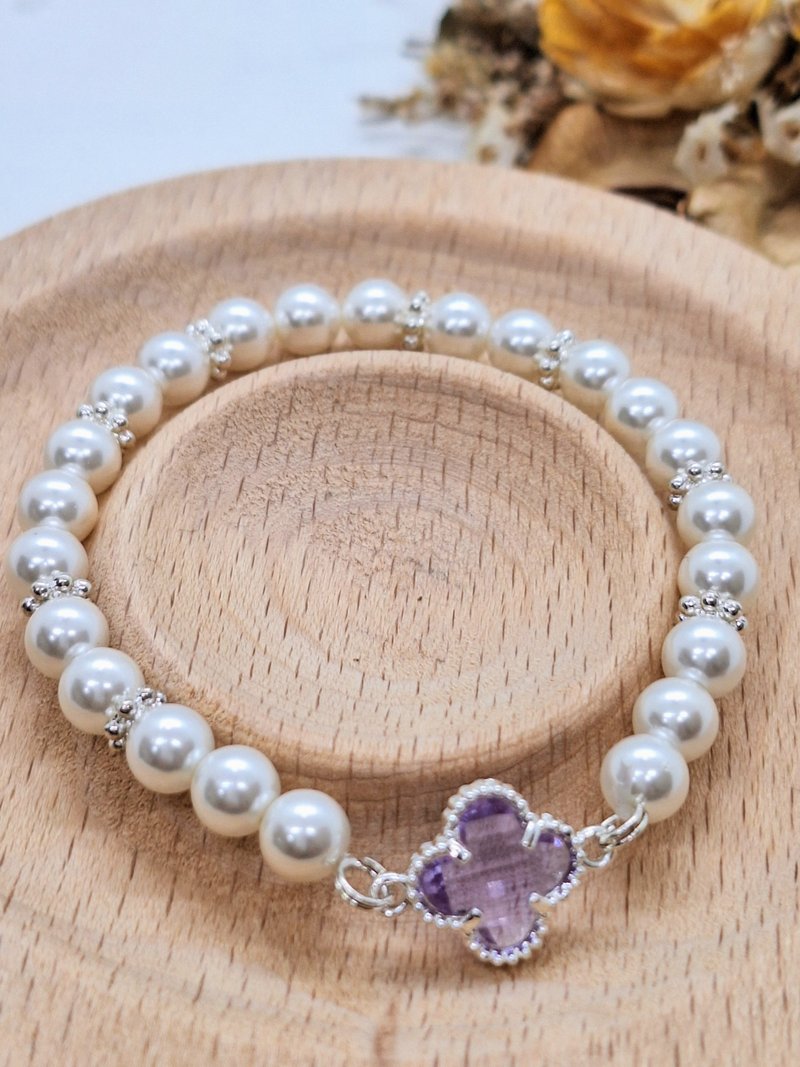 奥地利幸运草紫晶白贝珠手串 - 手链/手环 - 水晶 