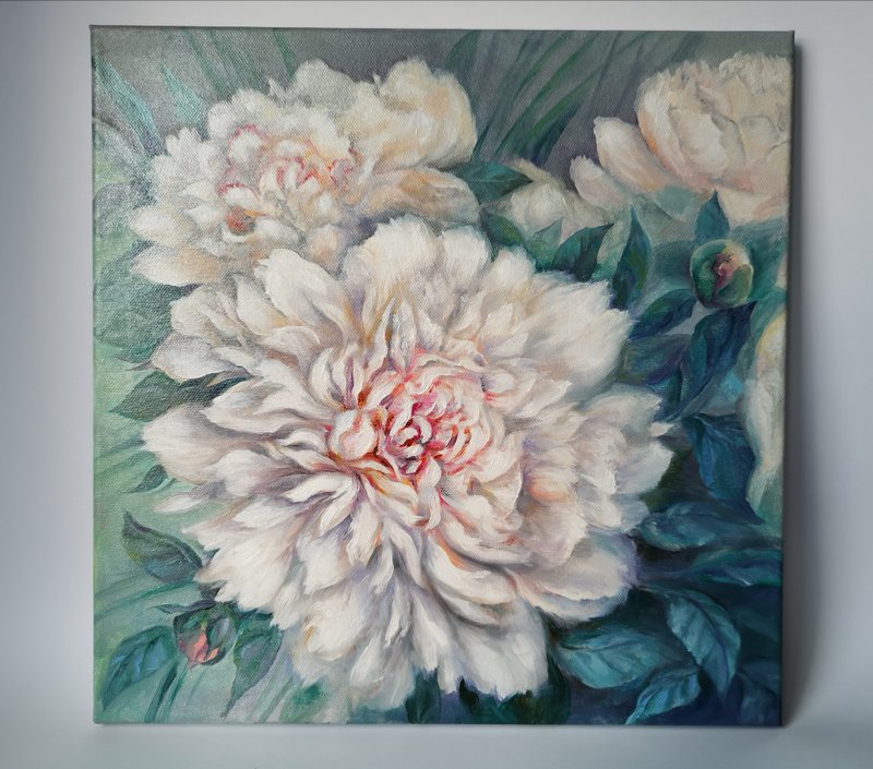Peony Oil Painting Original Wall Art on Canvas 40x40cm - 海报/装饰画/版画 - 棉．麻 