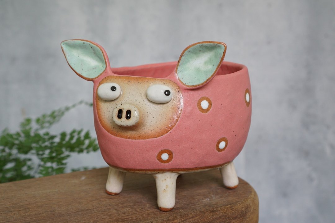 Pig pot , cactus , handmade ceramic , pottery - 花瓶/陶器 - 陶 粉红色