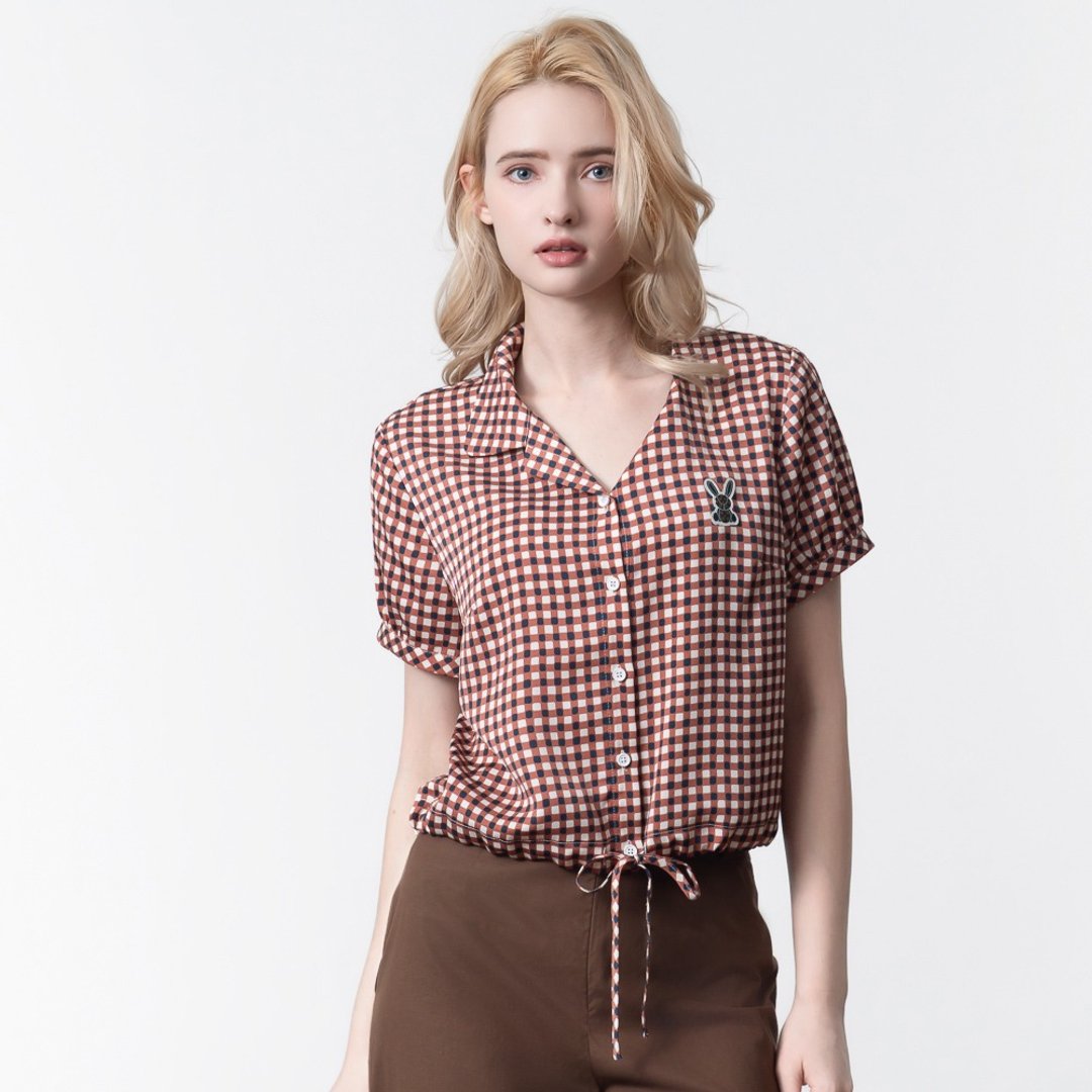【MEDUSA】小格纹绑带短袖衬衫(M-XL) | 女休闲上衣 短袖上衣 - 女装上衣 - 其他人造纤维 红色