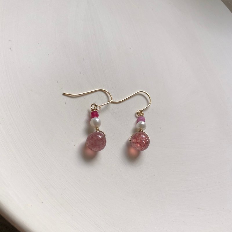 草莓晶、紫水晶、石榴石 珍珠14kgf耳勾 - 耳环/耳夹 - 半宝石 