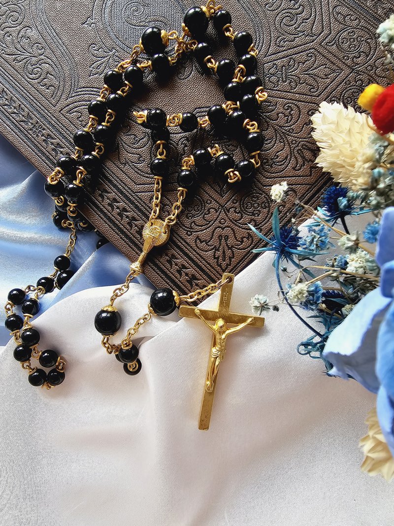 哑光基督十字坠子Y型黑塑珠长项链/vintage西洋古董饰品 - 长链 - 其他材质 