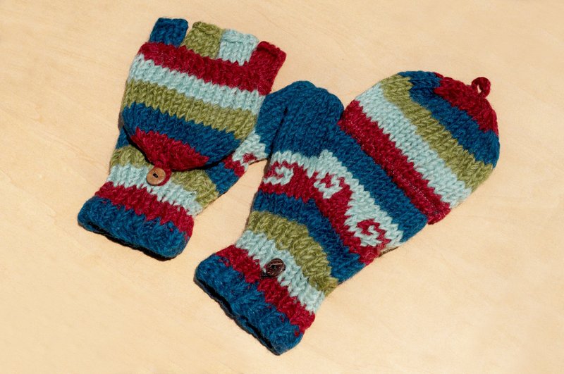 情人节礼物 创意礼物 限量一件手织纯羊毛针织手套 / 可拆卸手套 / 内刷毛手套 / 保暖手套(made in nepal) - 南美色调 民族图腾 - 手套 - 羊毛 多色