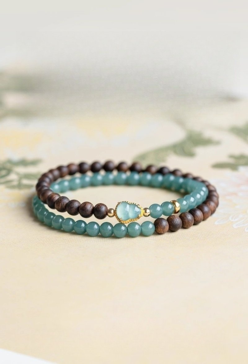 沉香+翡翠手链/佛珠手串单圈 天然蓝水翡翠925银镀金 - 手链/手环 - 玉石 绿色