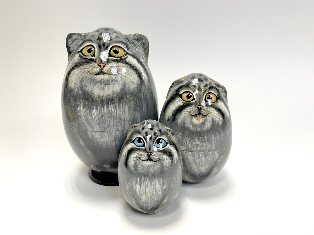 俄罗斯娃娃野生草原猫 Manul、Otocolobus manul、帕拉斯猫 - 摆饰 - 木头 灰色