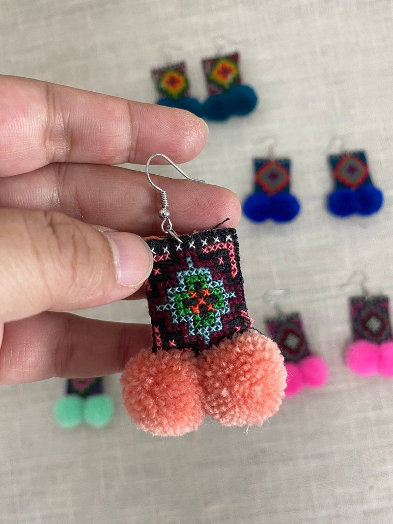 BOHOPeach bohemian tribal earrings pom poms cute gifts - 耳环/耳夹 - 其他材质 蓝色