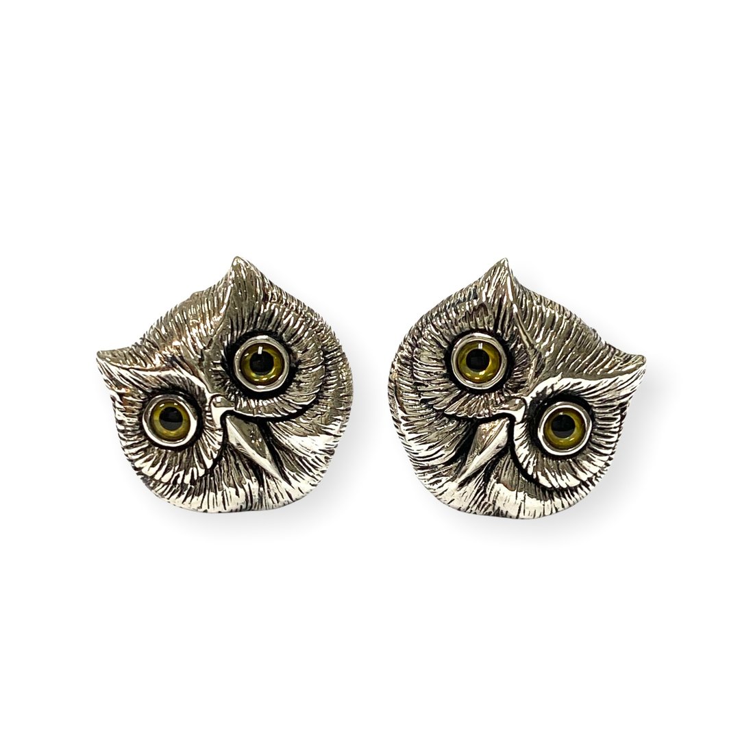 Vintage Style Owl Head with Glass Eyes Cufflinks 925 Sterling Silver Mens Gift - 袖扣 - 纯银 银色