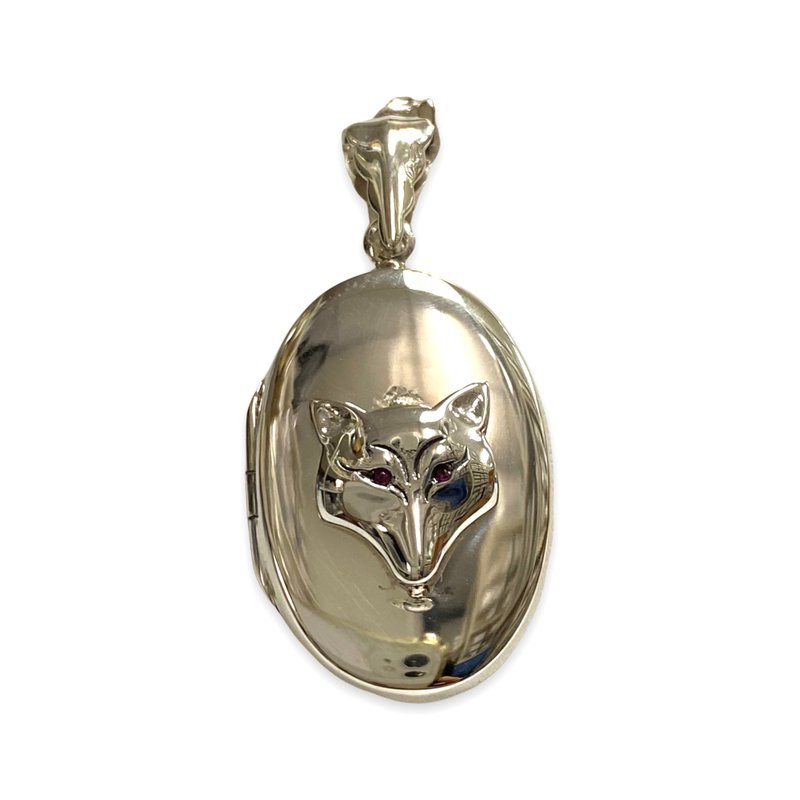 Victorian Style Fox Head Oval Locket Pendant with Ruby Eyes 925 Sterling Silver - 项链 - 纯银 银色