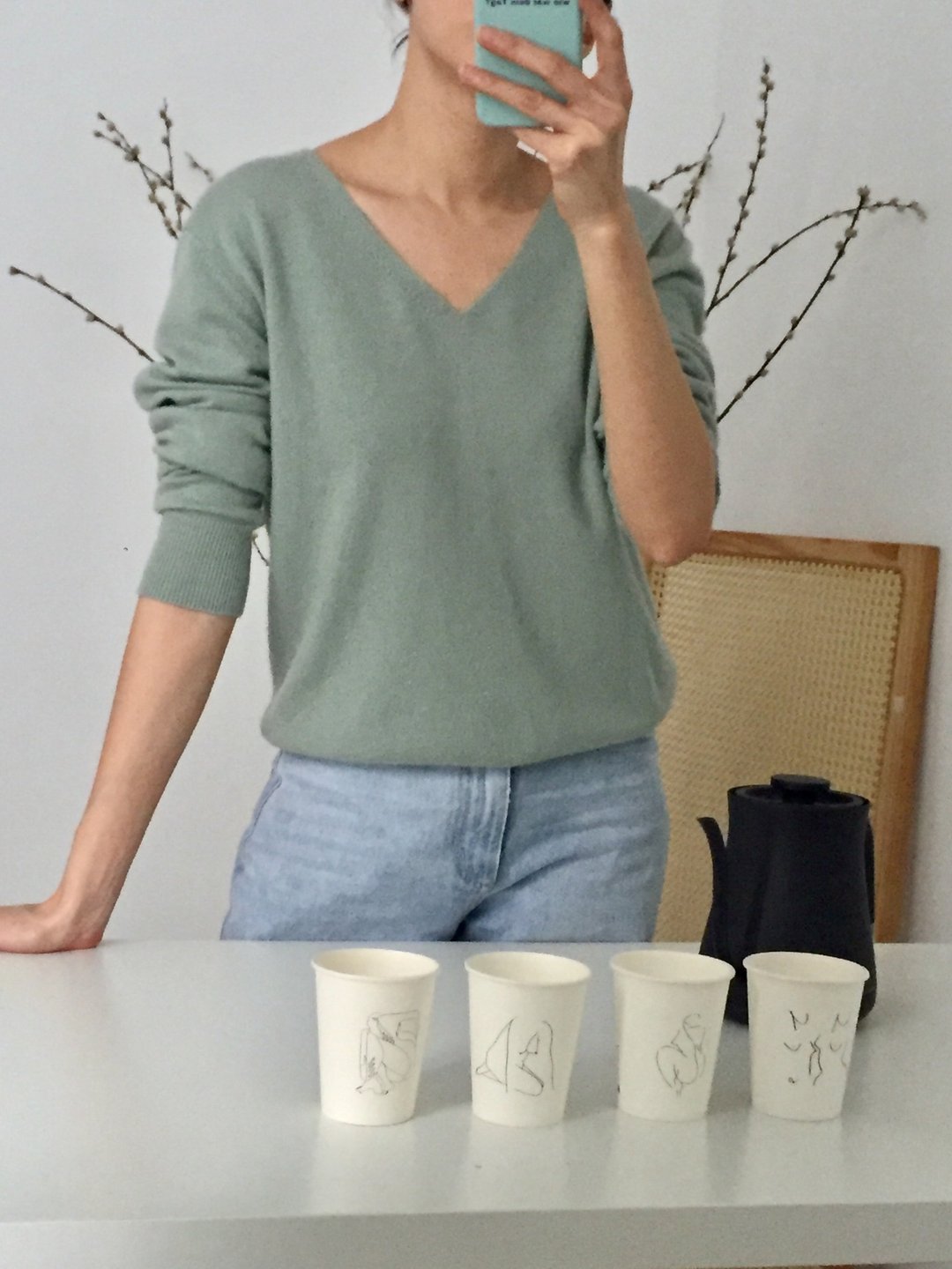 早春小清新薄荷绿喀什米尔羊绒羊毛 V领毛衣 - 女装针织衫/毛衣 - 羊毛 