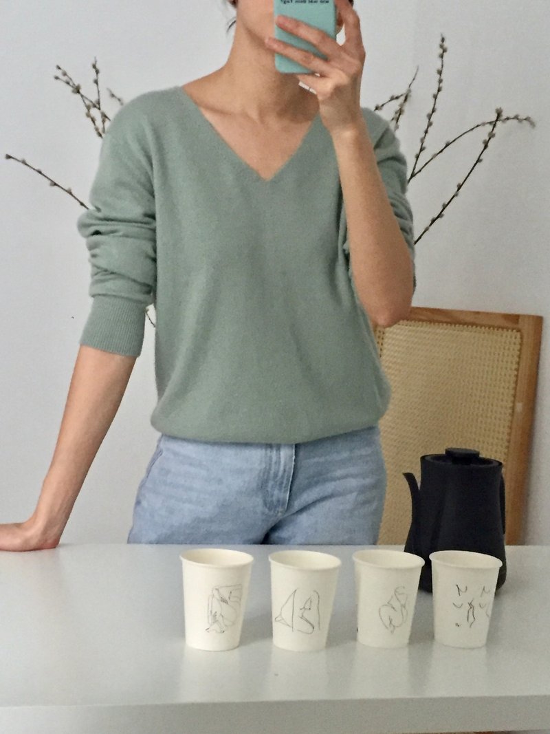 早春小清新薄荷绿喀什米尔羊绒羊毛 V领毛衣 - 女装针织衫/毛衣 - 羊毛 
