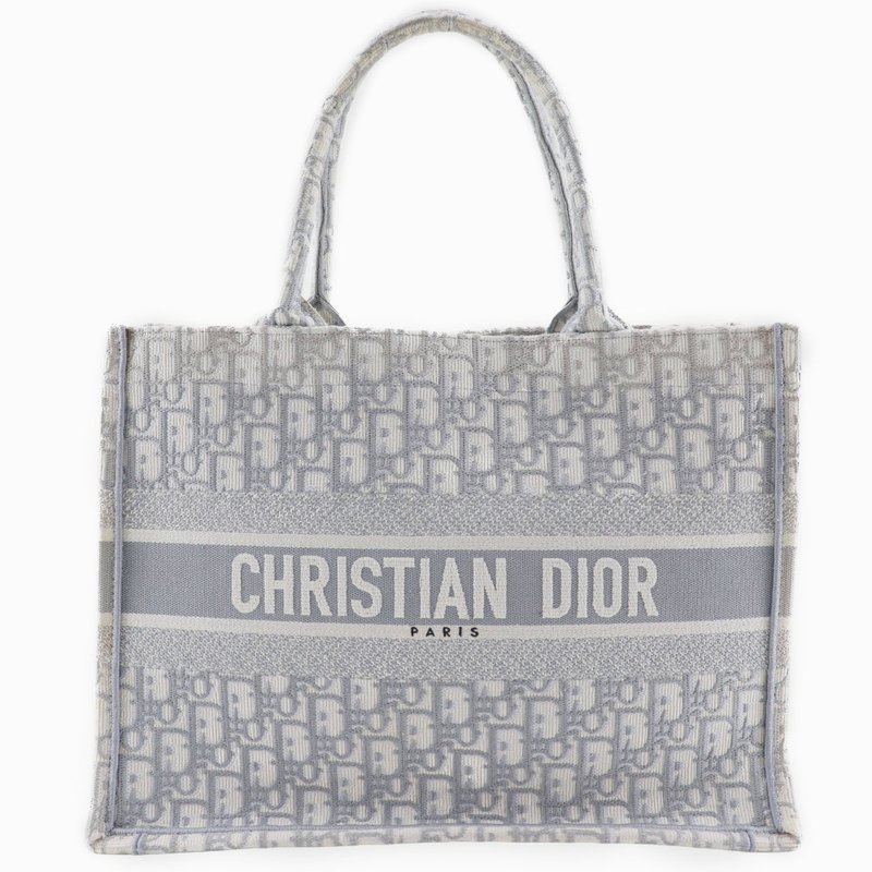 【日本直送】Christian Dior 迪奥 Book Tote 中型款 托特包 Oblique 刺绣款 棉质 浅灰色 女性【二手】 - 手提包/手提袋 - 棉．麻 灰色