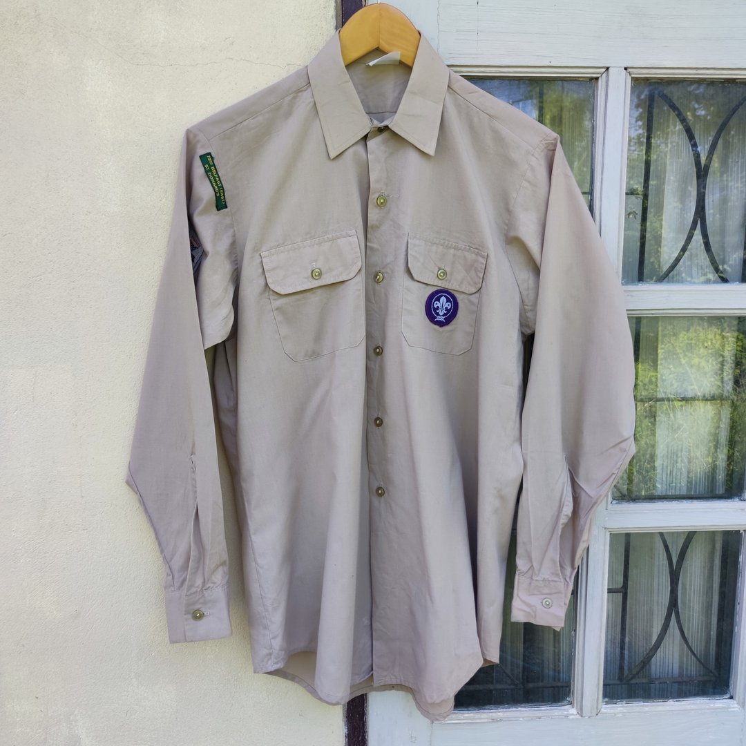 复古 80 年代美国童子军 BSA 制服长袖衬衫含徽章 - 男装衬衫 - 棉．麻 卡其色