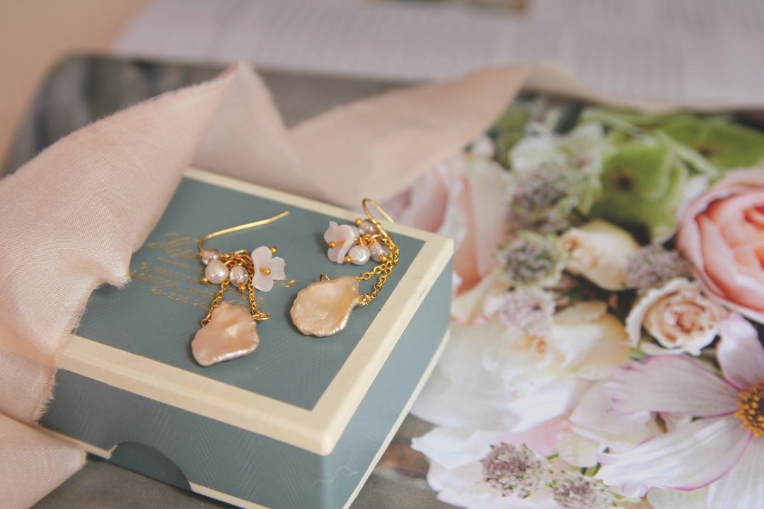 耳环 饰品 花耳环 花办耳环 流苏耳环 干花耳环 少女风 日系作品 - 耳环/耳夹 - 珍珠 粉红色